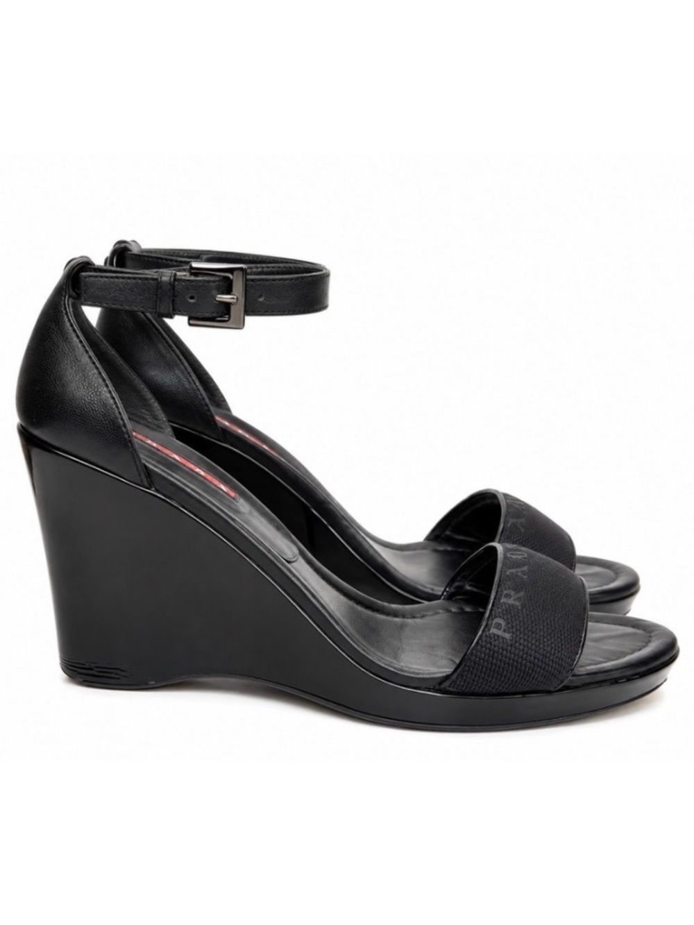PRADA Black Leather and Canvas Wedge Sandals | 38.5